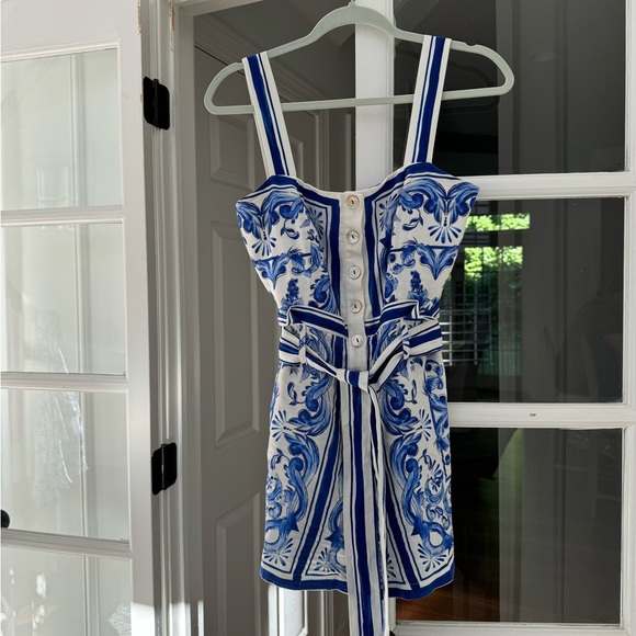 FARM Rio Pants - FARM Rio Blue and White Printed Belted Romper